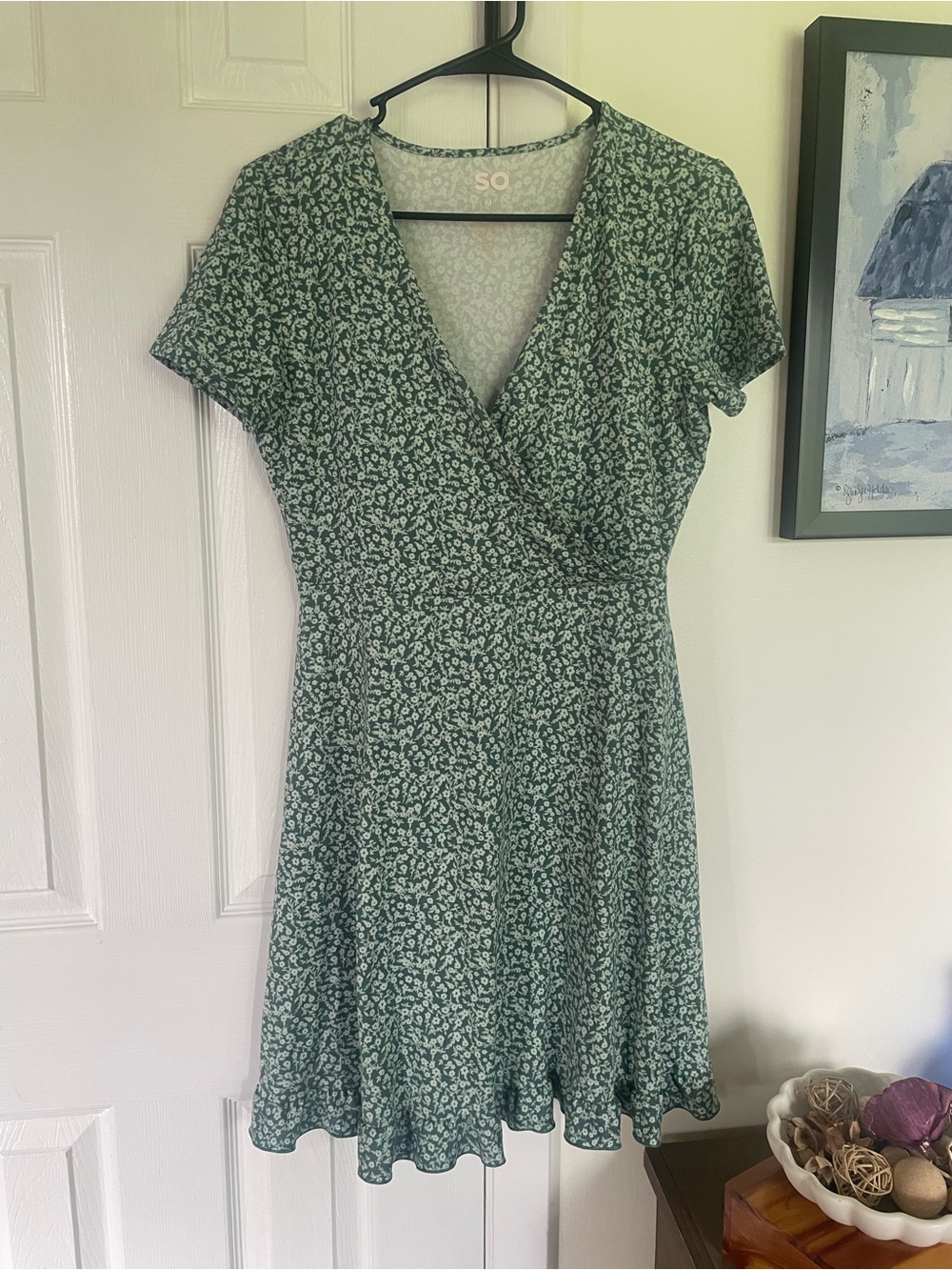 SO Green Floral Faux-Wrap Short Sleeve Dress M